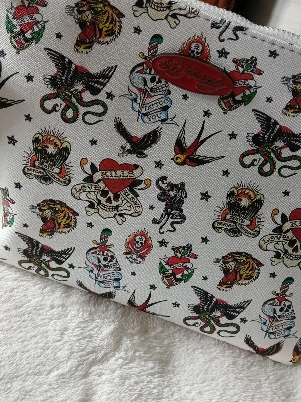 Ed Hardy LARGE White Cosmetic Pouch with Tattoo Motif [NEW WITH TAGS!]